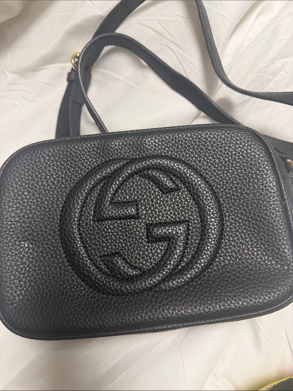 Gucci Black Pebbled Leather Crossbody with Embossed GG